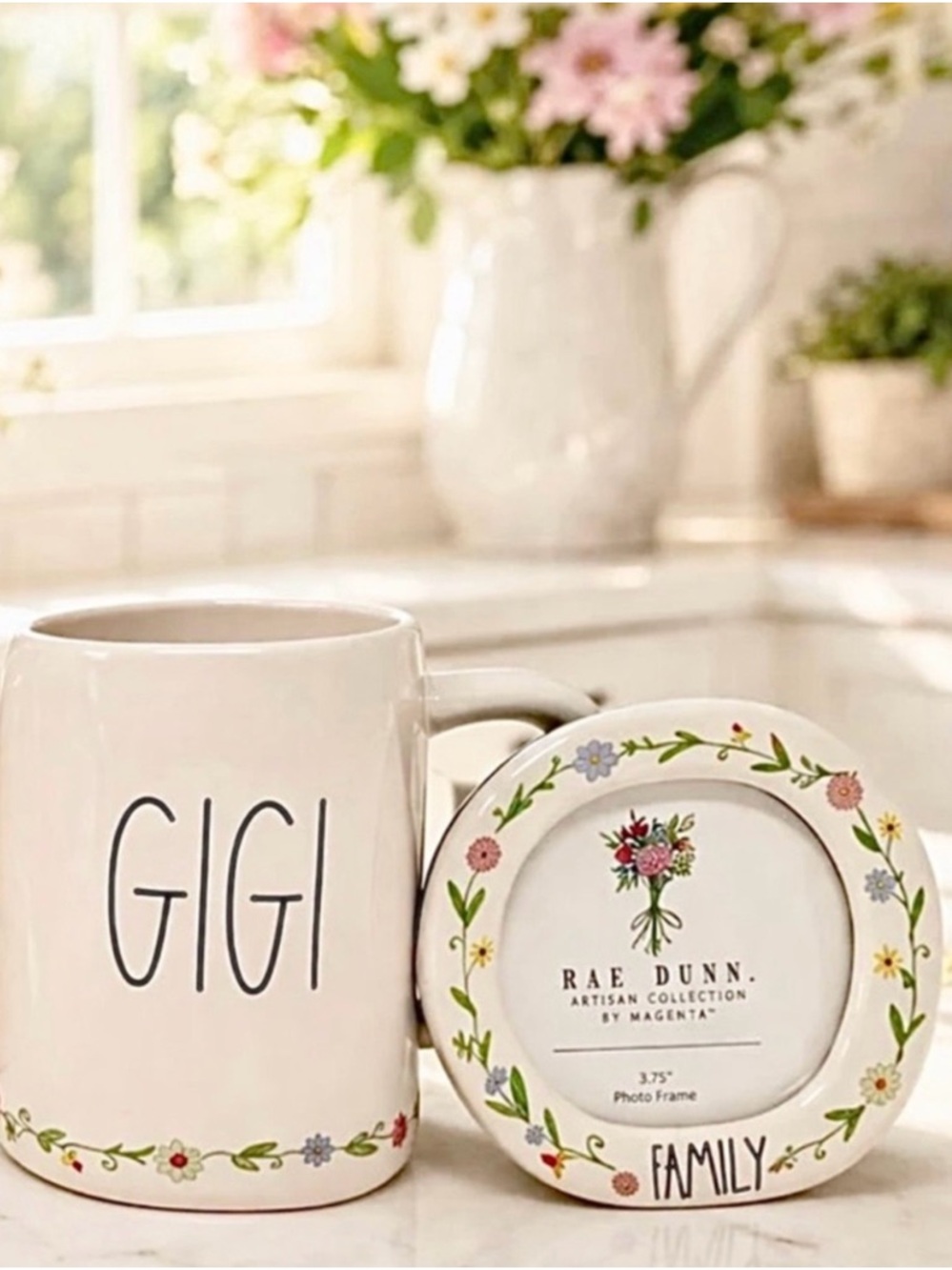 🆕- Rae Dunn- Floral "GIGI" Coffee Mug & Matching "FAMILY" Picture Frame Set
